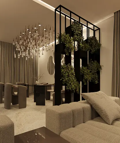 Dining area with green partition screen at ELYSÉE II